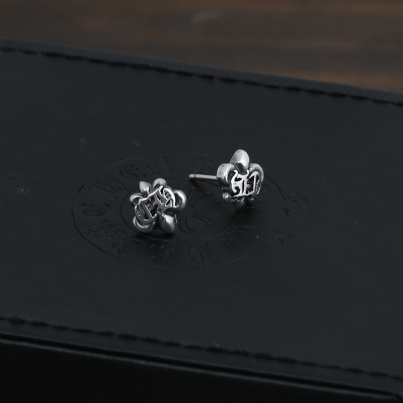 925 sterling silver handmade vintage anchor CH stud earrings American European gothic punk style antique silver designer jewelry for women