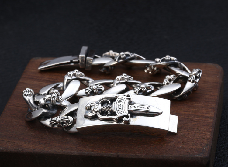 925 sterling silver handmade vintage men's bracelets American European antique silver designer jewelry crosses thick link chain bracelets with insert sword clasps