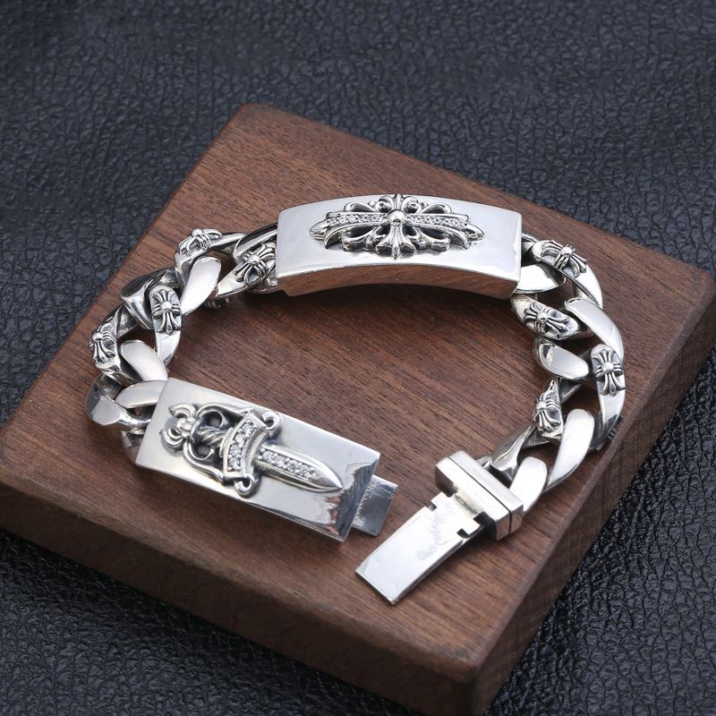 925 sterling silver handmade vintage men's bracelets American European antique silver designer jewelry thick crosses link chain bracelets with sword insert clasps