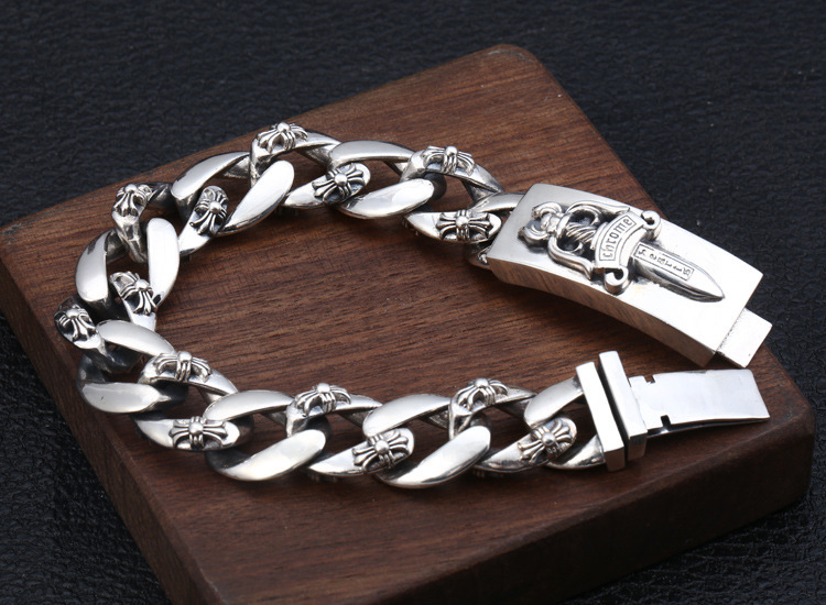 925 sterling silver handmade vintage men's bracelets American European antique silver designer jewelry crosses thick link chain bracelets with insert sword clasps