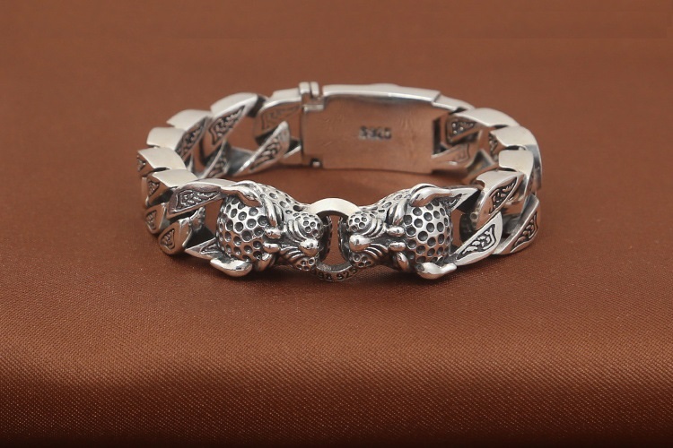 925 sterling silver handmade vintage leopard heads men's bracelets American European antique silver designer jewelry thick link chain bracelets with insert clasps