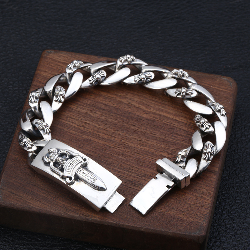 925 sterling silver handmade vintage men's bracelets American European antique silver designer jewelry crosses thick link chain bracelets with insert sword clasps