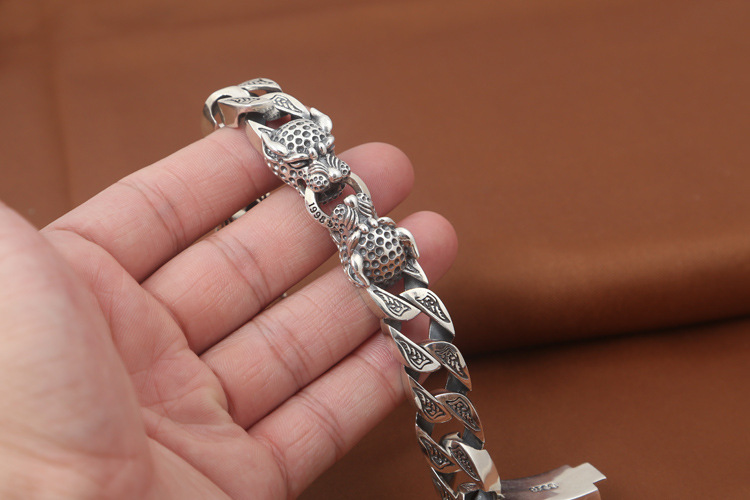 925 sterling silver handmade vintage leopard heads men's bracelets American European antique silver designer jewelry thick link chain bracelets with insert clasps