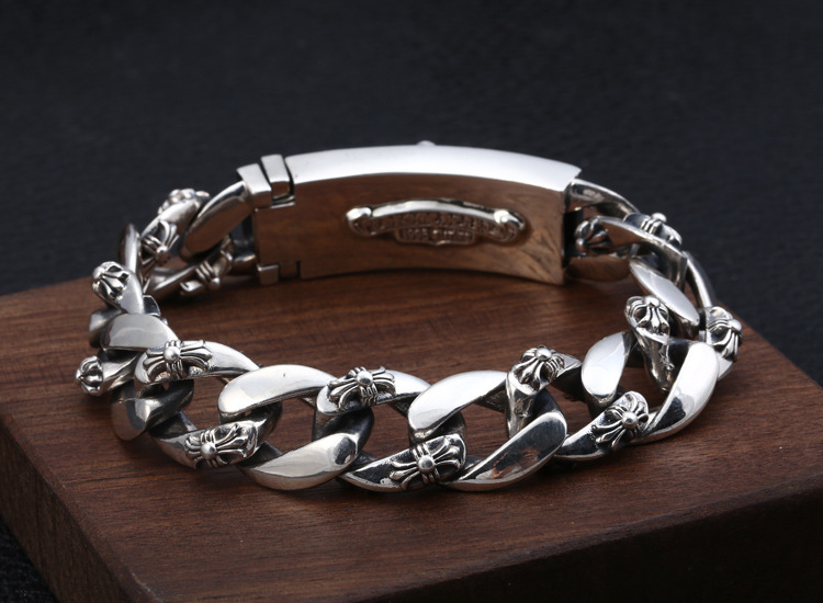 925 sterling silver handmade vintage men's bracelets American European antique silver designer jewelry crosses thick link chain bracelets with insert sword clasps