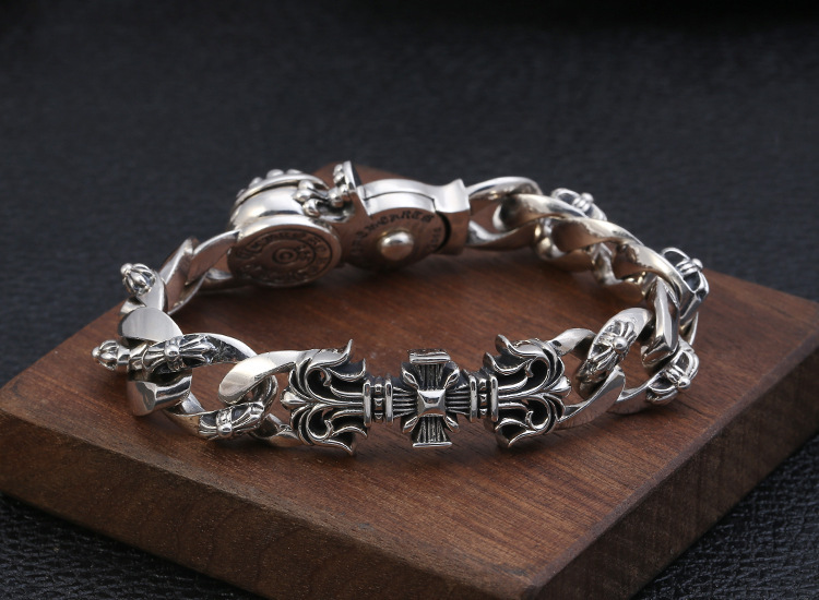 925 sterling silver handmade vintage men's bracelets American European antique silver designer jewelry thick crosses link chain bracelets with clip clasps