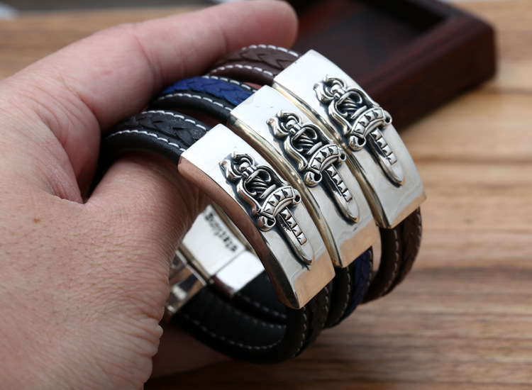 925 sterling silver handmade vintage black leather bracelets American European antique silver designer jewelry sword bracelets with insert clasps