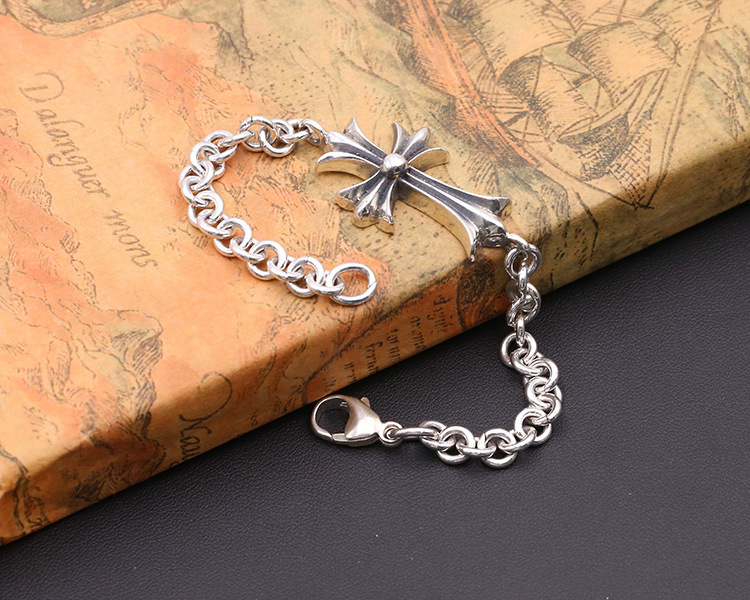 925 sterling silver handmade vintage men's bracelets American European antique silver designer jewelry round link chain cross bracelets with lobster claw clasps