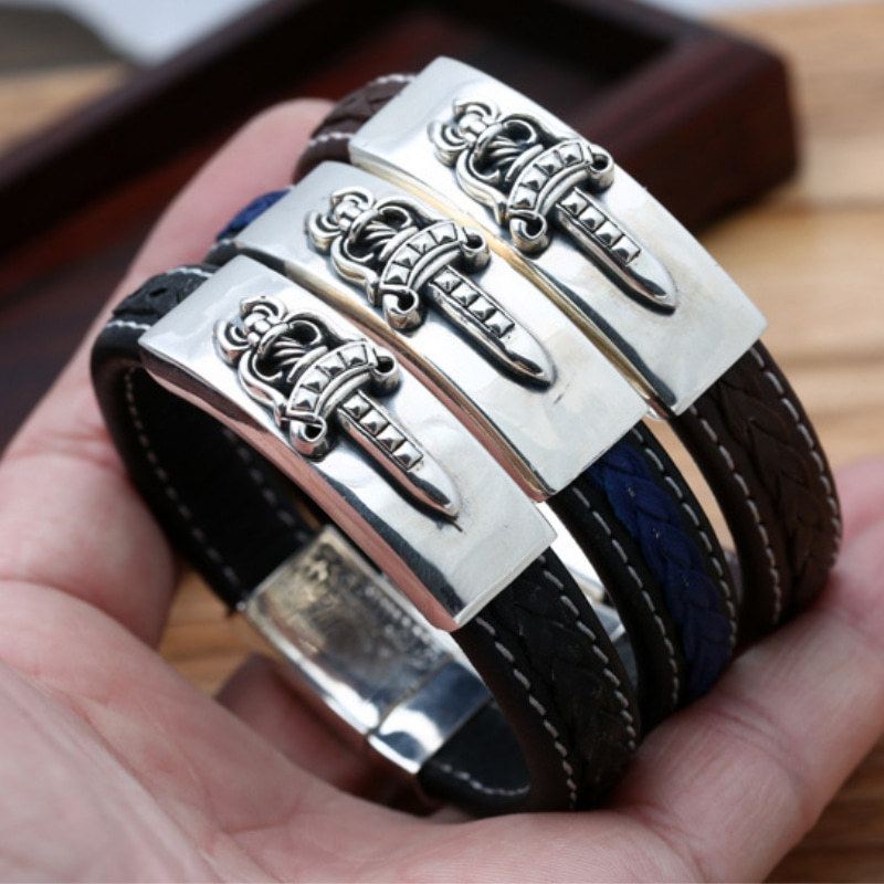 925 sterling silver handmade vintage black leather bracelets American European antique silver designer jewelry sword bracelets with insert clasps