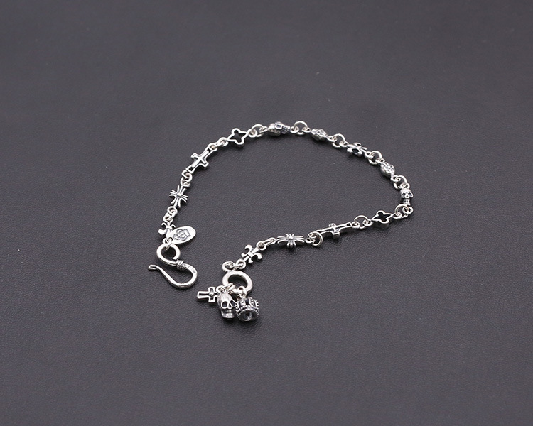 925 sterling silver handmade vintage bracelets American European antique silver designer jewelry crosses anchors skull crown link chain bracelets with fish hook clasps