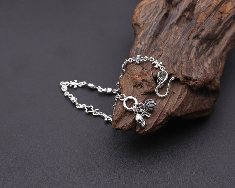 925 sterling silver handmade vintage bracelets American European antique silver designer jewelry crosses anchors skull crown link chain bracelets with fish hook clasps