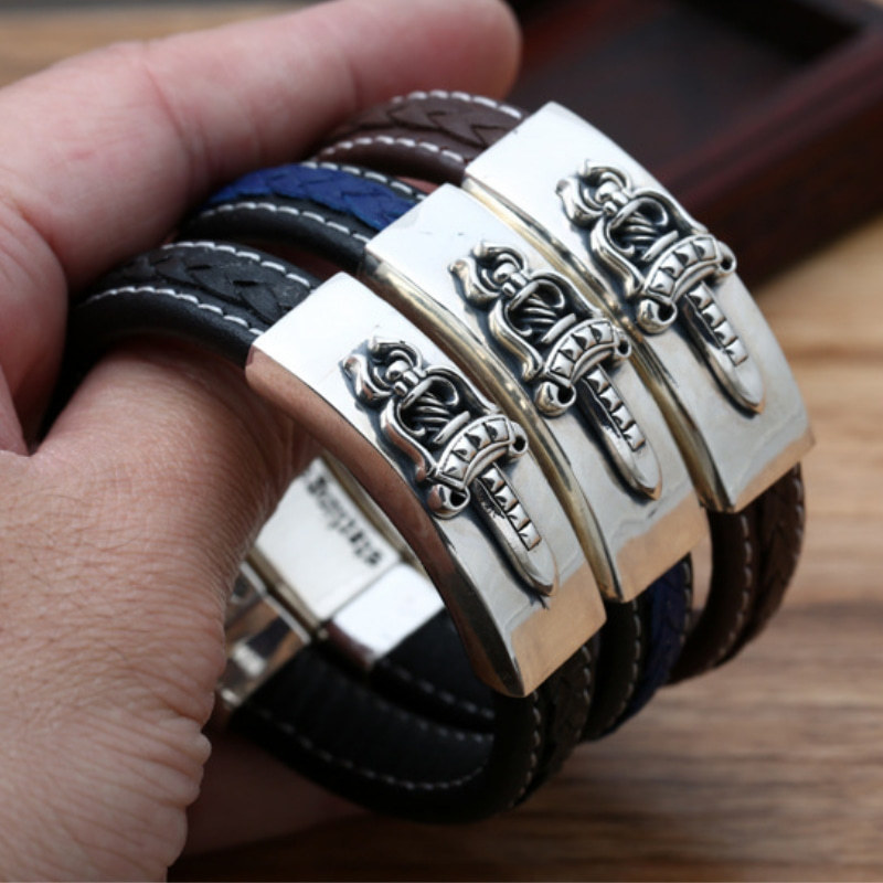 925 sterling silver handmade vintage black leather bracelets American European antique silver designer jewelry sword bracelets with insert clasps