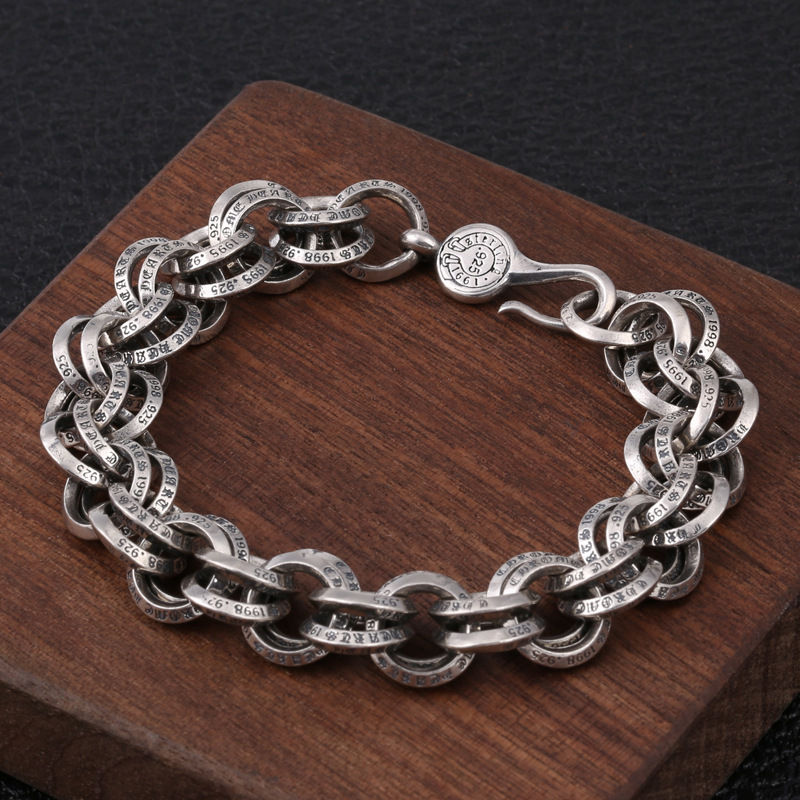 Chain Bracelets 925 Sterling Silver 21 22cm Double Round Links Antique Gothic Punk Vintage Handmade Chains Bracelet Fish hook clasps Jewelry Accessories Gifts