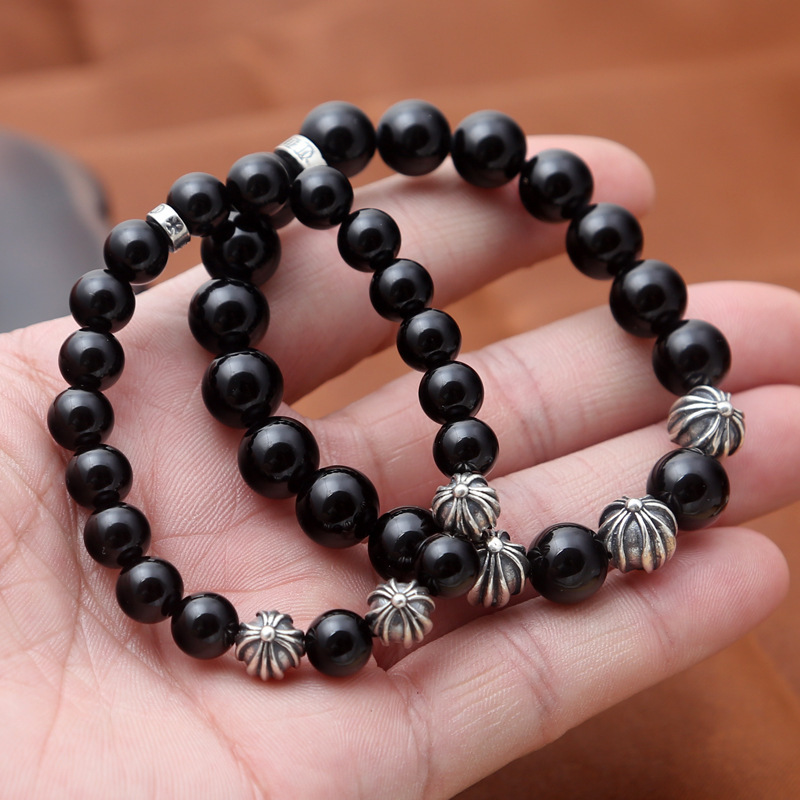 Beaded Bracelets Chakras in Human Body 17 18 19 20 21 cm Black Agate Silver Crosses beads Handmade Gothic Elastic Bracelet Fashion Jewelry Accessories Gifts For Women