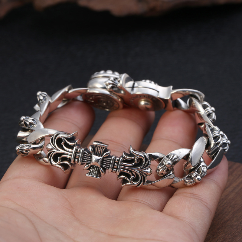 925 sterling silver handmade vintage men's bracelets American European antique silver designer jewelry thick crosses link chain bracelets with clip clasps