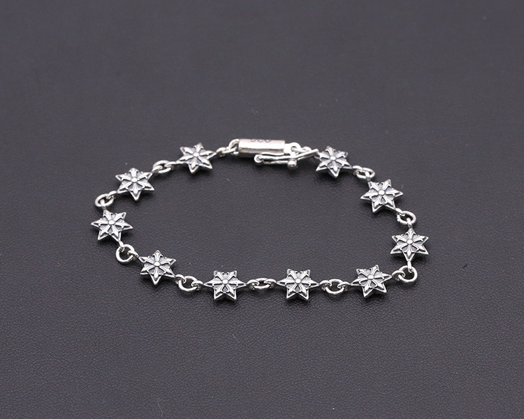 925 sterling silver handmade vintage bracelets American European antique silver designer jewelry six-pointed stars link chain bracelets with insert clasps