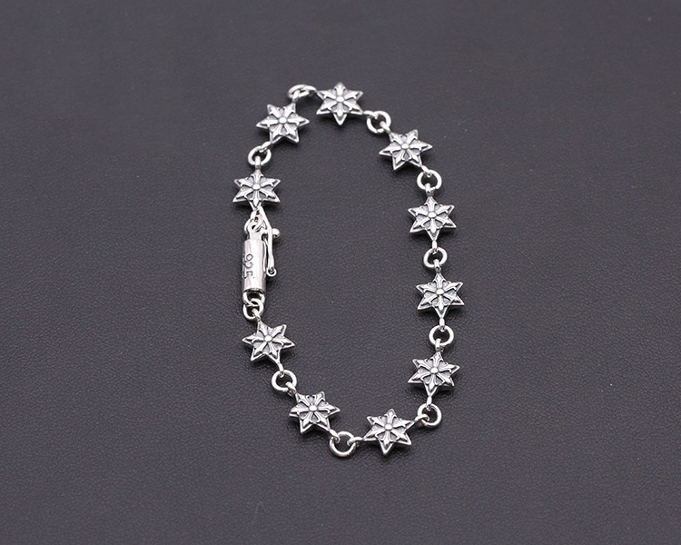 925 sterling silver handmade vintage bracelets American European antique silver designer jewelry six-pointed stars link chain bracelets with insert clasps