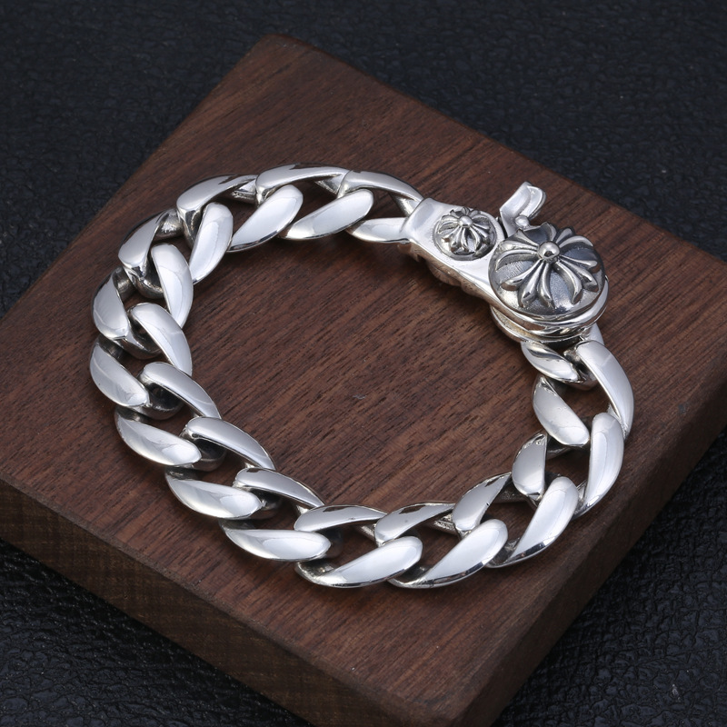 925 sterling silver handmade vintage men's bracelets American European antique silver designer jewelry thick link chain bracelets with cross clasps