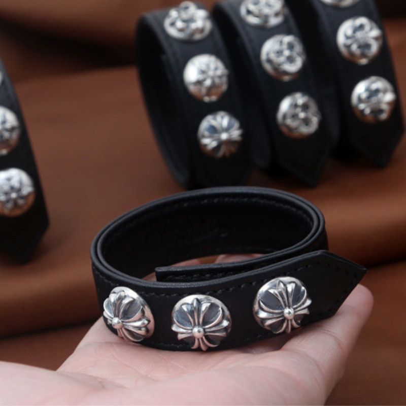 925 sterling silver handmade vintage black leather adjustable bracelets American European antique silver designer jewelry bracelets with snap press button clasps