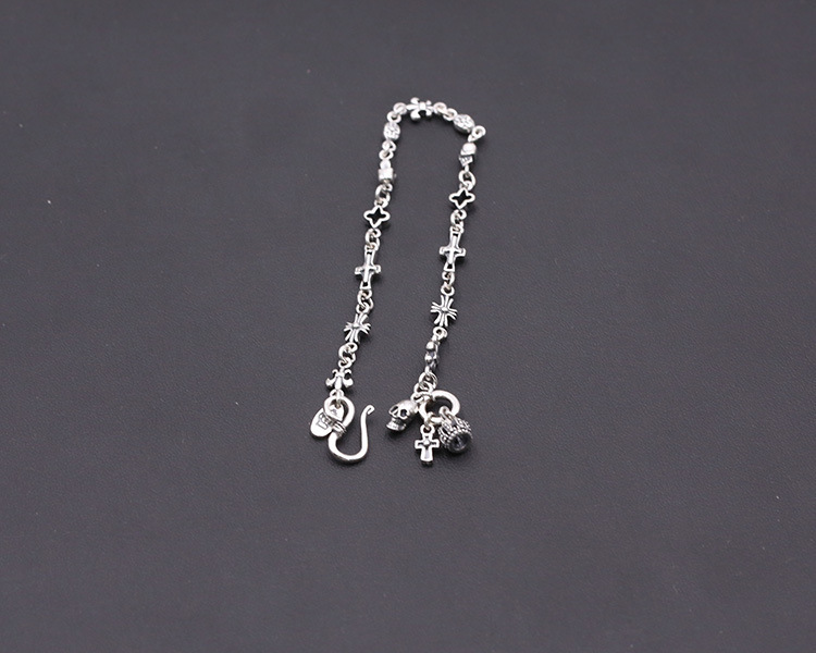 925 sterling silver handmade vintage bracelets American European antique silver designer jewelry crosses anchors skull crown link chain bracelets with fish hook clasps