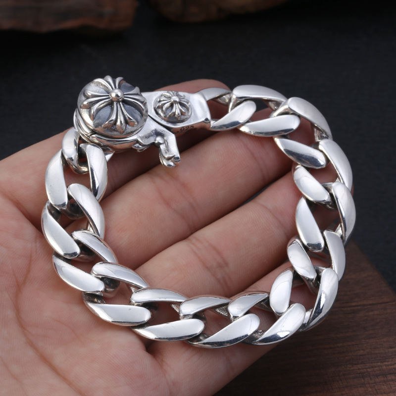 925 sterling silver handmade vintage men's bracelets American European antique silver designer jewelry thick link chain bracelets with cross clasps