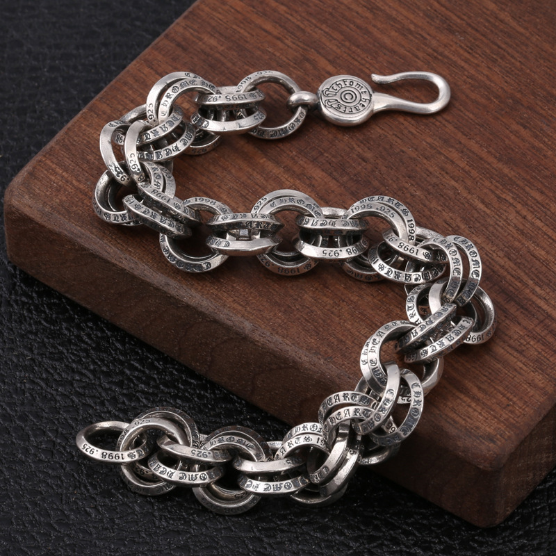 Chain Bracelets 925 Sterling Silver 21 22cm Double Round Links Antique Gothic Punk Vintage Handmade Chains Bracelet Fish hook clasps Jewelry Accessories Gifts