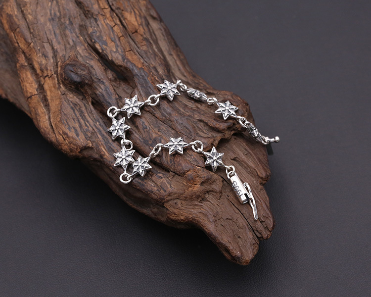 925 sterling silver handmade vintage bracelets American European antique silver designer jewelry six-pointed stars link chain bracelets with insert clasps