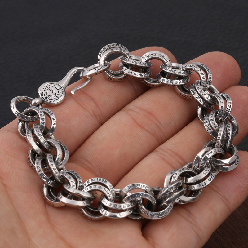 Chain Bracelets 925 Sterling Silver 21 22cm Double Round Links Antique Gothic Punk Vintage Handmade Chains Bracelet Fish hook clasps Jewelry Accessories Gifts