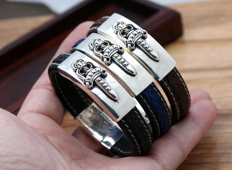 925 sterling silver handmade vintage black leather bracelets American European antique silver designer jewelry sword bracelets with insert clasps