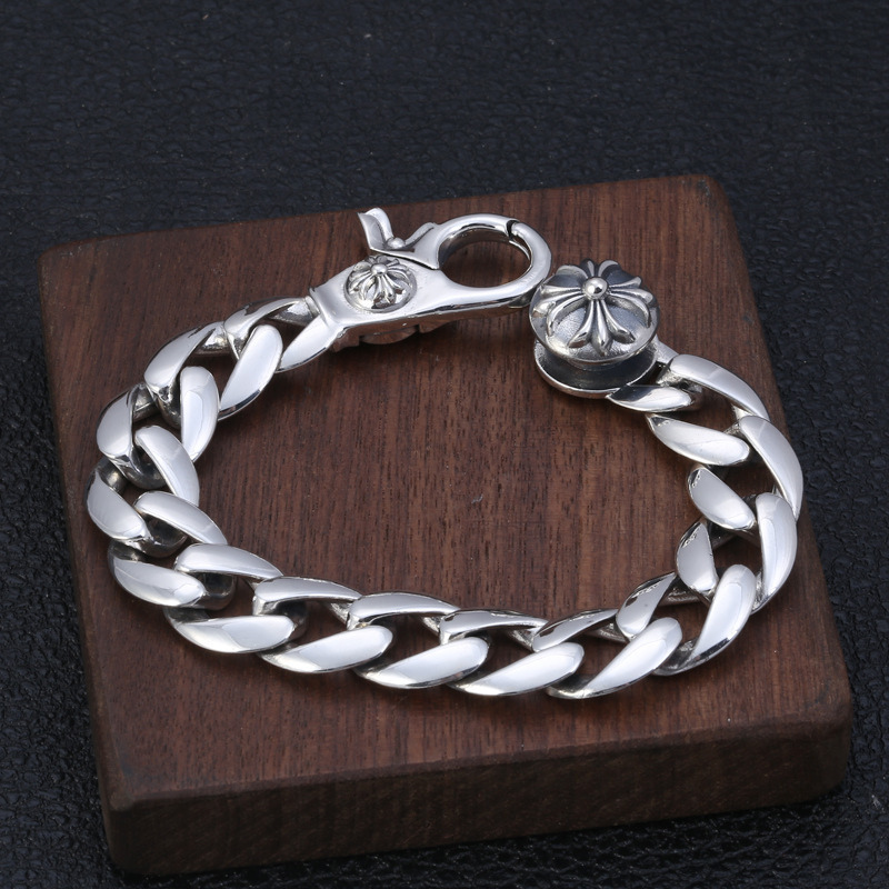 925 sterling silver handmade vintage men's bracelets American European antique silver designer jewelry thick link chain bracelets with cross clasps