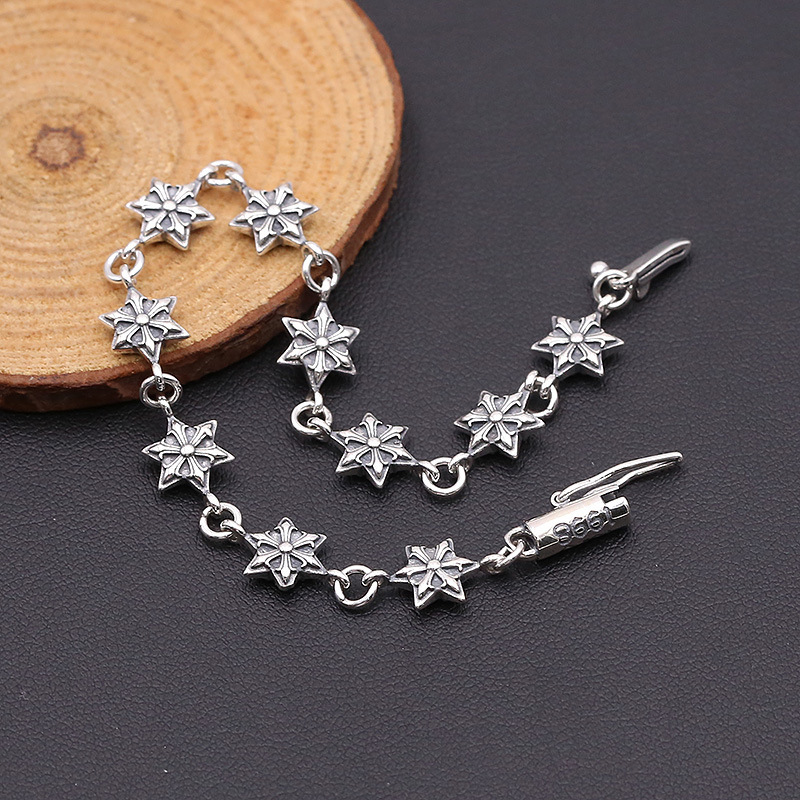 925 sterling silver handmade vintage bracelets American European antique silver designer jewelry six-pointed stars link chain bracelets with insert clasps