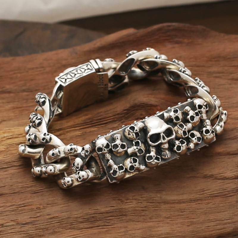 925 sterling silver handmade vintage men's bracelets American European antique silver designer jewelry thick skull link chain bracelets with insert clasps