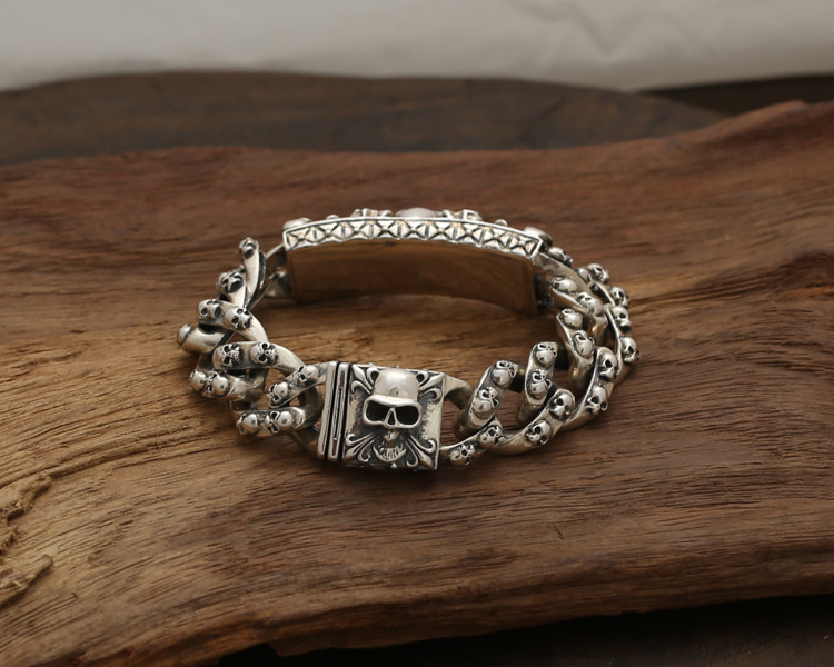 925 sterling silver handmade vintage men's bracelets American European antique silver designer jewelry thick skull link chain bracelets with insert clasps