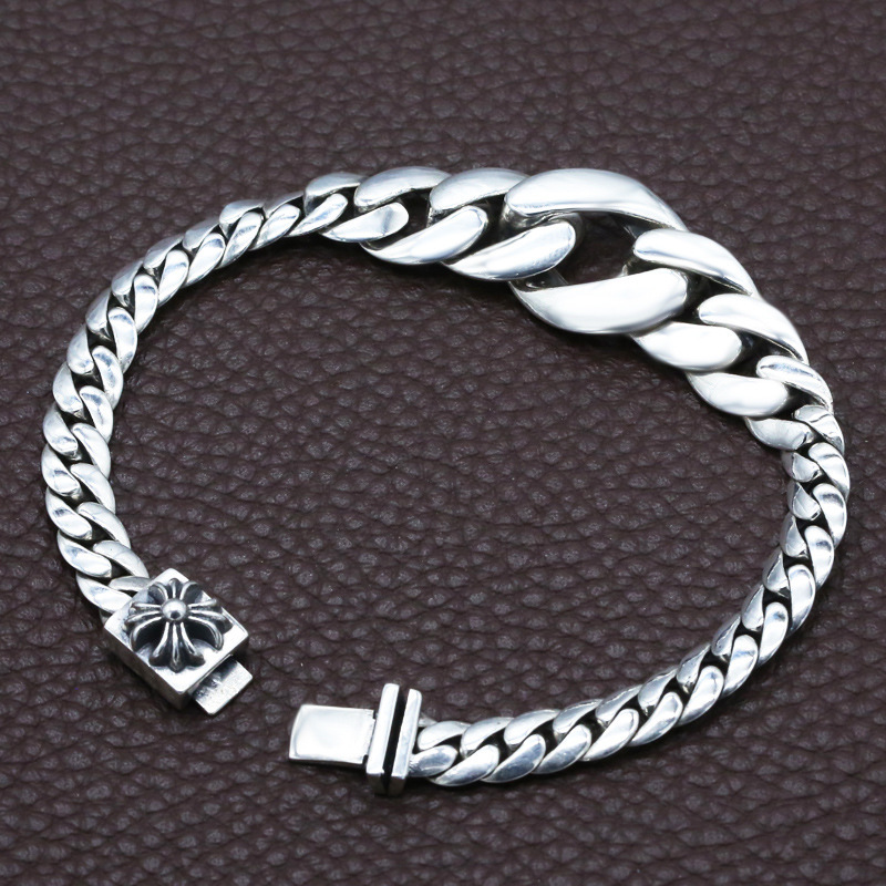 925 sterling silver handmade vintage men's bracelets American European antique silver designer jewelry thick link chain bracelets with cross insert clasps