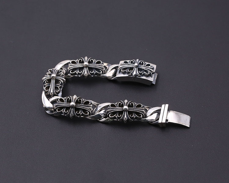 925 sterling silver handmade vintage men's bracelets American European antique silver designer jewelry thick crosses link chain bracelets with insert clasps