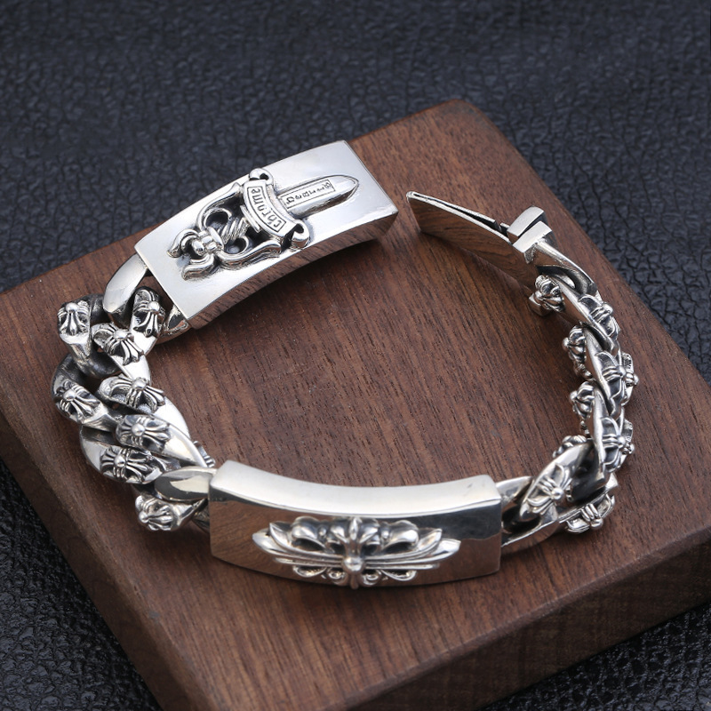 925 sterling silver handmade vintage men's bracelets American European antique silver designer jewelry thick crosses link chain bracelets with sword cross flower insert clasps