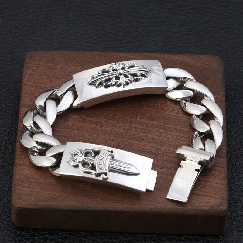 925 sterling silver handmade vintage men's sword cross bracelets American European antique silver designer jewelry thick link chain bracelets with insert clasps