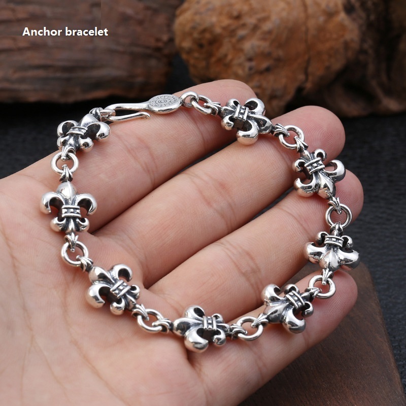 925 sterling silver handmade vintage charm bracelets American European antique silver designer jewelry crosses anchors link chain bracelets with fish hook clasps