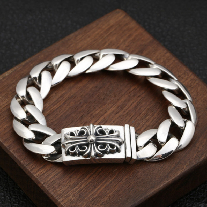 925 sterling silver handmade vintage men's cross bracelets American European antique silver designer jewelry thick link chain bracelets with insert clasps