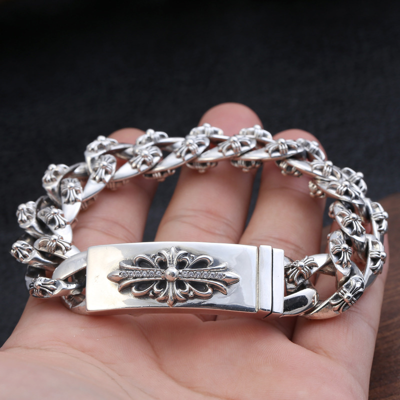 925 sterling silver handmade vintage men's bracelets with white stones American European antique silver designer jewelry thick crosses link chain bracelets with cross flower insert clasps
