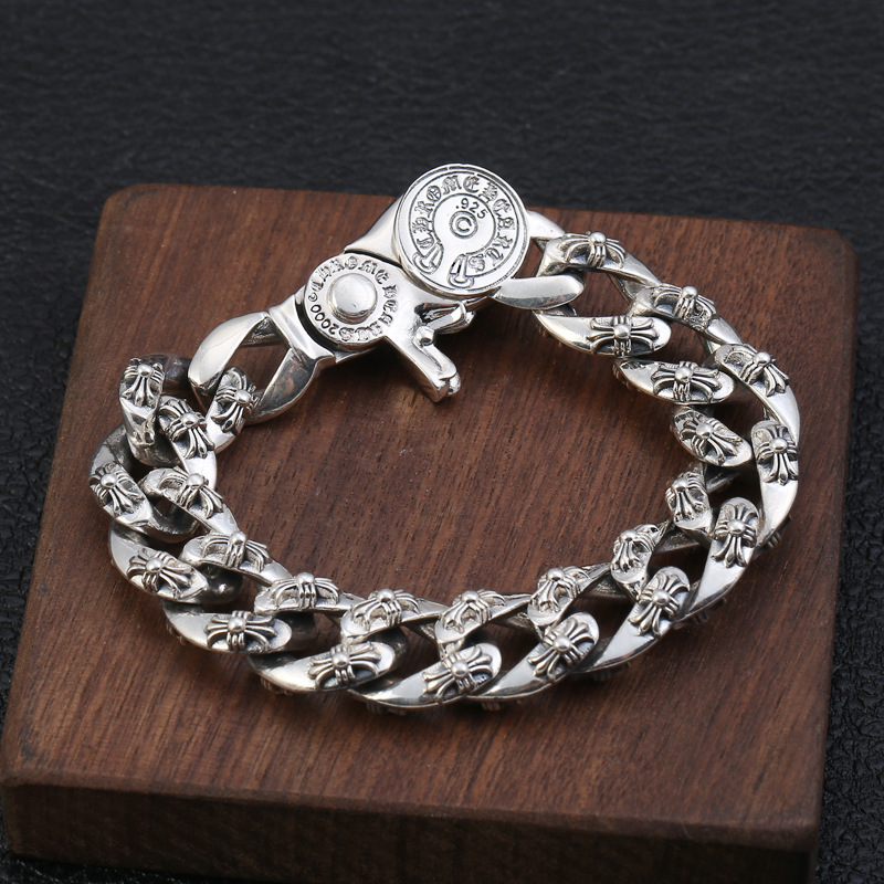 925 sterling silver handmade vintage men's bracelets American European antique silver designer jewelry thick crosses link chain bracelets with clip clasps