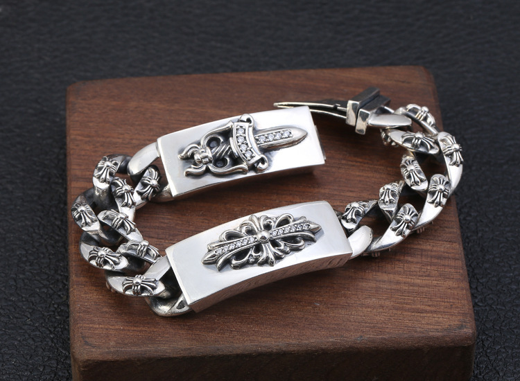 925 sterling silver handmade vintage men's cross sword bracelets with white stones American European antique silver designer jewelry thick crosses link chain bracelets with insert clasps
