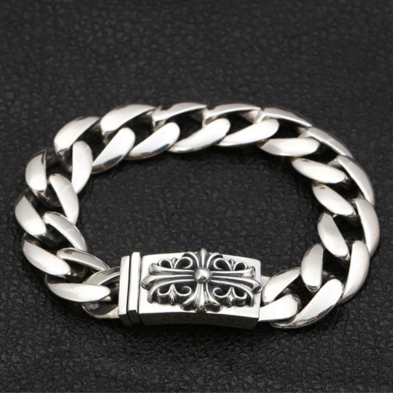 925 sterling silver handmade vintage men's cross bracelets American European antique silver designer jewelry thick link chain bracelets with insert clasps