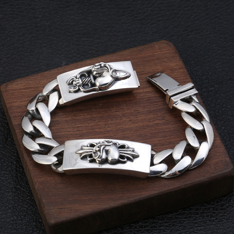 925 sterling silver handmade vintage men's heart sword cross bracelets American European antique silver designer jewelry thick link chain bracelets with insert clasps