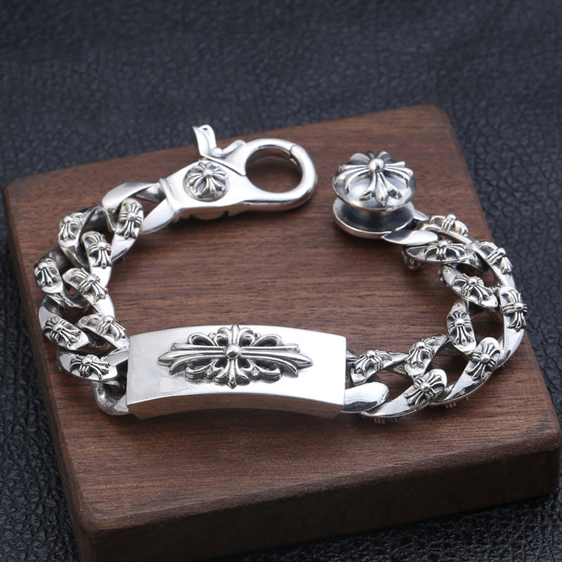 925 sterling silver handmade vintage men's bracelets American European antique silver designer jewelry thick crosses link chain bracelets with cross clip clasps