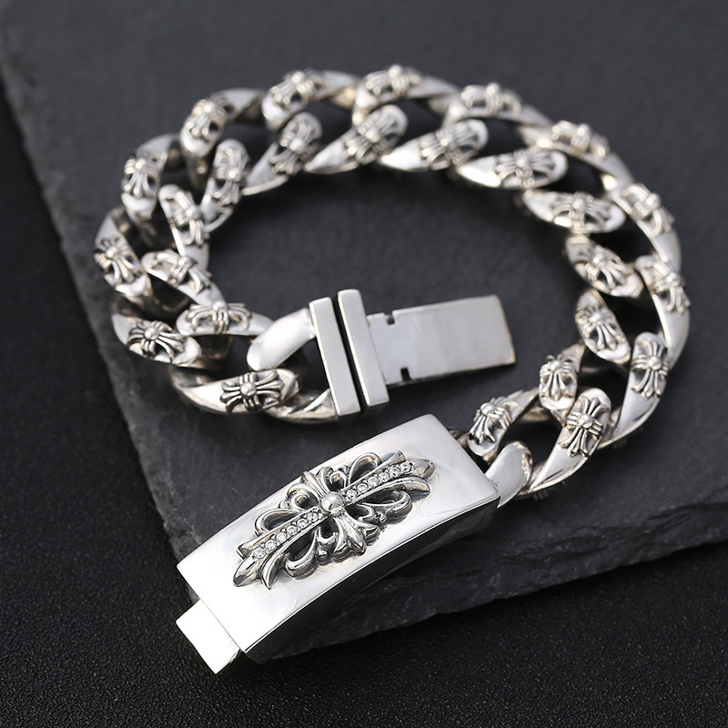 925 sterling silver handmade vintage men's bracelets with white stones American European antique silver designer jewelry thick crosses link chain bracelets with cross flower insert clasps