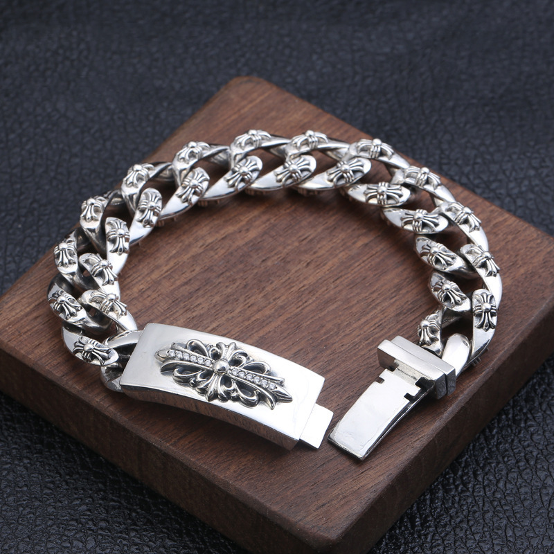 925 sterling silver handmade vintage men's bracelets with white stones American European antique silver designer jewelry thick crosses link chain bracelets with cross flower insert clasps