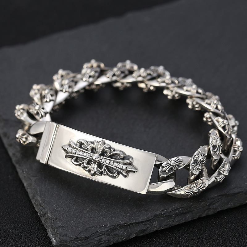 925 sterling silver handmade vintage men's bracelets with white stones American European antique silver designer jewelry thick crosses link chain bracelets with cross flower insert clasps