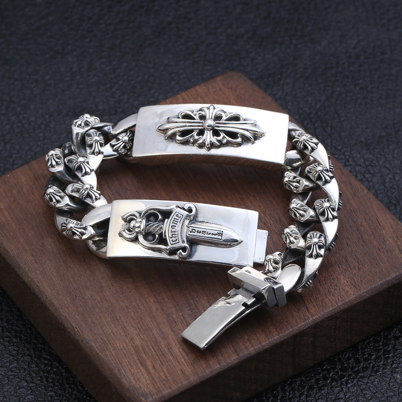 925 sterling silver handmade vintage men's bracelets American European antique silver designer jewelry thick crosses link chain bracelets with sword cross flower insert clasps