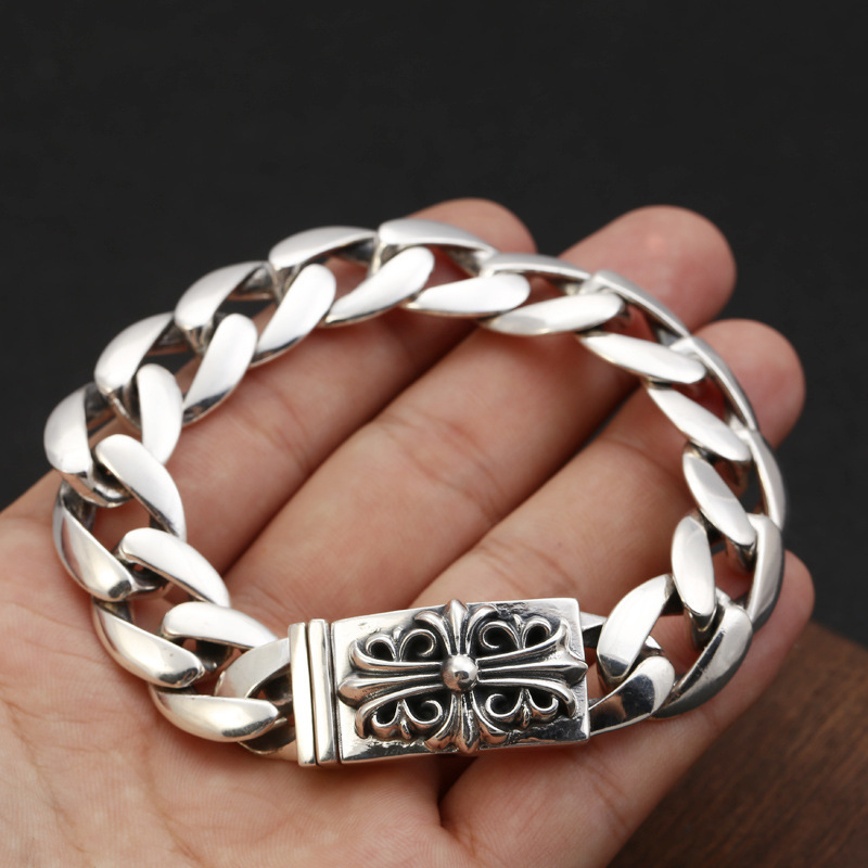 925 sterling silver handmade vintage men's cross bracelets American European antique silver designer jewelry thick link chain bracelets with insert clasps
