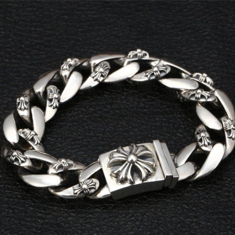 925 sterling silver handmade vintage men's bracelets American European antique silver designer jewelry thick crosses link chain bracelets with cross insert clasps